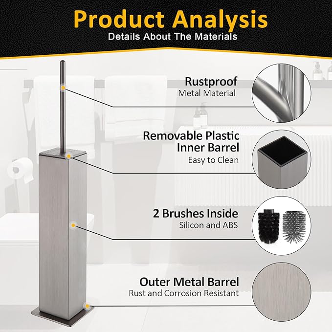Toilet Brush and Holder Floor Standing Brushed Nickel with 2 Replaceable Heads Freestanding Toilet Bowl Brush with Removable Liner and Splash Guard Modern Square Design