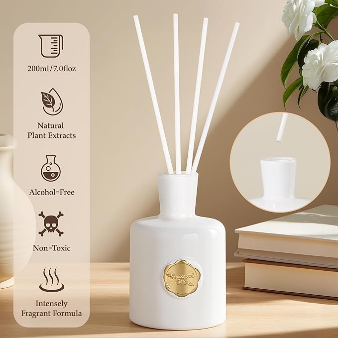 XEPTLE Reed Diffuser Set 7.04 oz Creamy Gardenia Scent Diffuser with 5 Sticks Long Lasting Air Freshener Essential Oil Reed Diffuser Home Fragrance for Office Bathroom Shelf Decor White