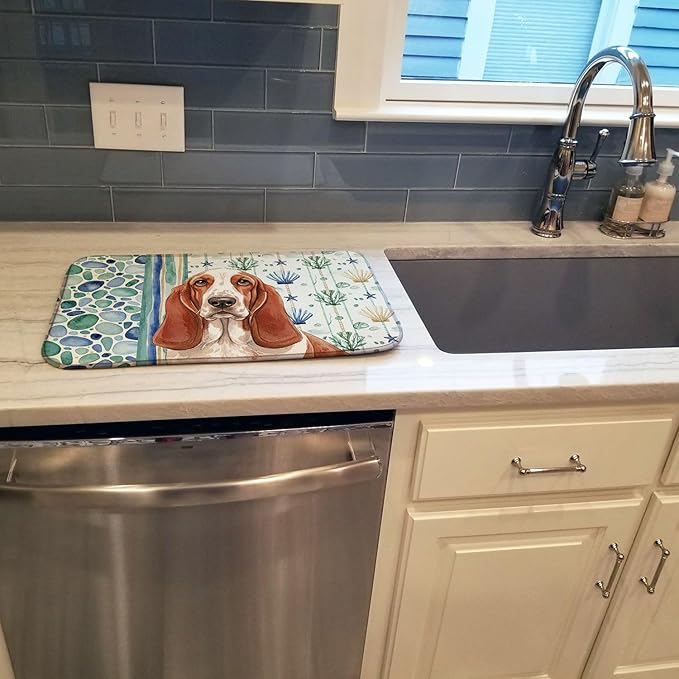 Caroline's Treasures Red and White Basset Hound Coastal Sea Glass Dish Drying Mat Absorbent Dish Drying Mat Pad for Kitchen Counter Dish Drainer Mat for Countertop 14 x 21 Multicolor