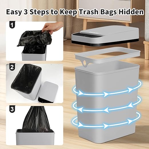 3 Pack Bathroom Trash Can with Lid 2.5 Gallon Small Slim Trashcan Automatic Trash Can Touchless Motion Sensor Waterproof Plastic Trash Bin for Bedroom Kitchen Office Living Room (Black+Gray+White)
