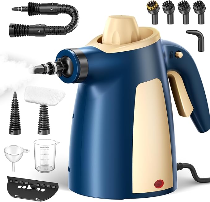Steam Cleaner Pressurized Handheld Multi-Surface Natural Steam Cleaner with 12 PCS Accessories &amp Safety Lock 350ML Large Capacity Steamer for Car Home Upholstery Kitchen Window Grime and M
