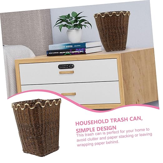TEHAUX Woven Trash Basket Pastoral Style Garbage Bin for Bathroom Natural Plastic Wastebasket Decorative Woven Container for Office and Home Use