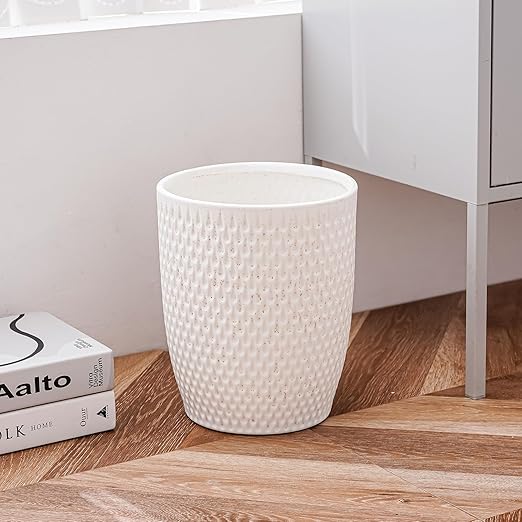 White Ceramic Trash Can - Small Trash Can Wastebasket for Bathroom Kitchen Office &amp Home Decor - Ceramic Round Garbage Container Basket Bin (2.5 Gallon)