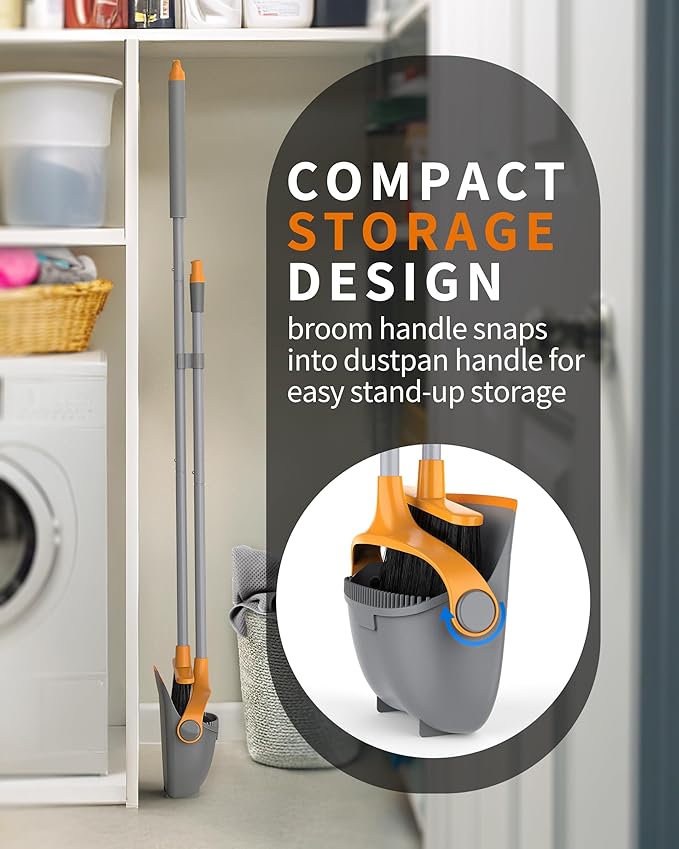 MR.SIGA Broom and Dustpan Set with Long Handle Stand Upright Broom with Dustpan Combo for Cleaning Office Garage Lobby Lightweight Sweeping Set 51.7(131 cm) Long Handle Gray &amp Orange
