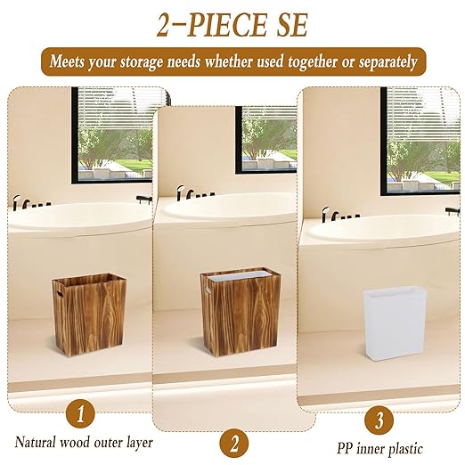 3 Gallon Wooden Trash Can with Liner Wood &amp Plastic Bathroom Trash Can Small Decorative Waste Basket for Bathroom Bedroom Kitchen Office