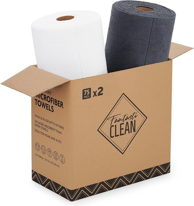 Fantasticlean Microfiber Cleaning Cloth Roll -150 Pack Tear Away Microfiber Towels 12 x 12 Reusable Washable Ultra Absorbent Dishcloth for All-Around Cleaning Supplies (White &amp Dimgrey)