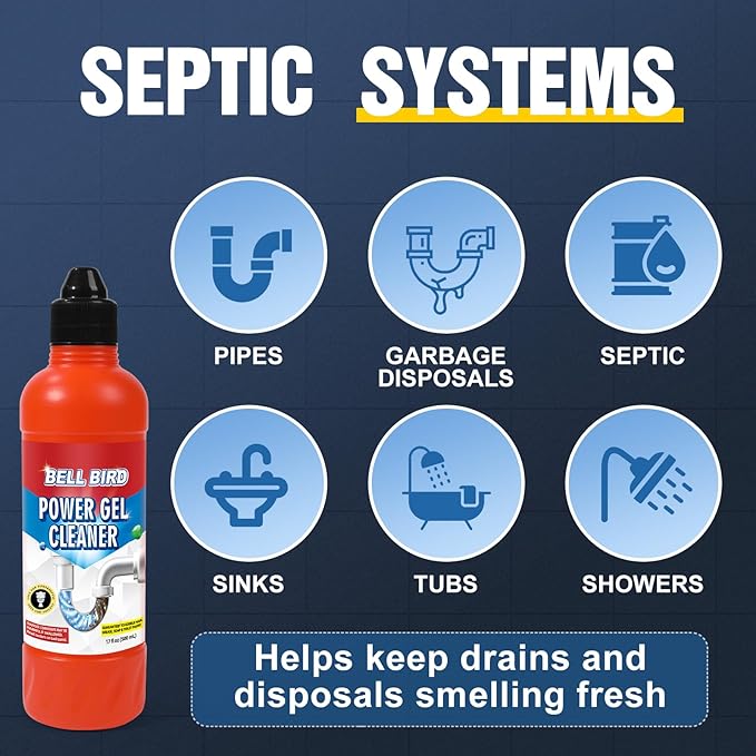 Bell Bird Drain Clog Remover &amp Pipe Cleaner - Thick Power Gel Dissolves Hair Grease and Soap Scum - Septic Safe Odor Eliminator for Kitchen Sinks Tubs Showers &amp Toilets (Pack of 4)