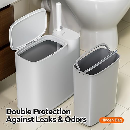 White Plastic Mini Trash Can Toilet Cleaner Stick Toilet Brush Holder 36 Refills 2-Gallon Trash Can with Pop-Out Lid Suitable for Bathrooms and Small Toilets.