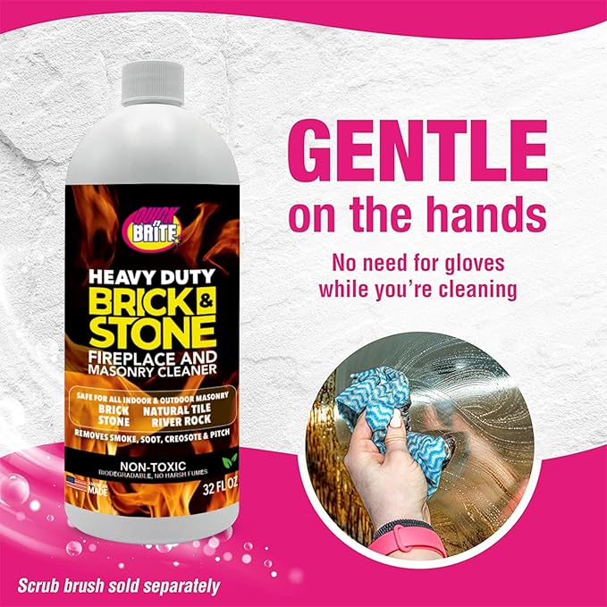 Quick'n Brite Fireplace Brick and Stone Cleaner 32oz with Scrub Brush - Natural Stone Tile and Marble Cleaner - Indoor Fireplace and Wood Stove Cleaning Kit - Pellet Stove Creosote Remover
