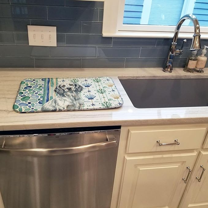 Caroline's Treasures Blue Belton English Setter Coastal Sea Glass Dish Drying Mat Absorbent Dish Drying Mat Pad for Kitchen Counter Dish Drainer Mat for Countertop 14 x 21 Multicolor