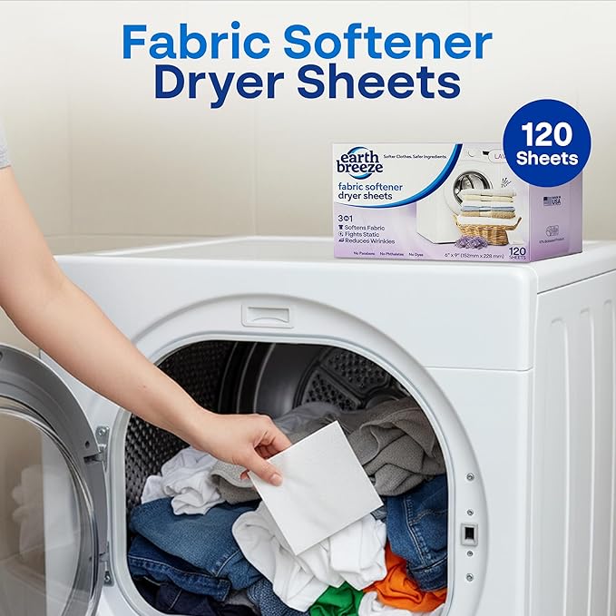 Earth Breeze Fabric Softener Dryer Sheets – Lavender Hypoallergenic No Harsh Chemicals Safe Ingredients – Soft Clothes – Static Cling &amp Wrinkle Reducer – Gentle Fabric Care – Made in USA (2 Pac