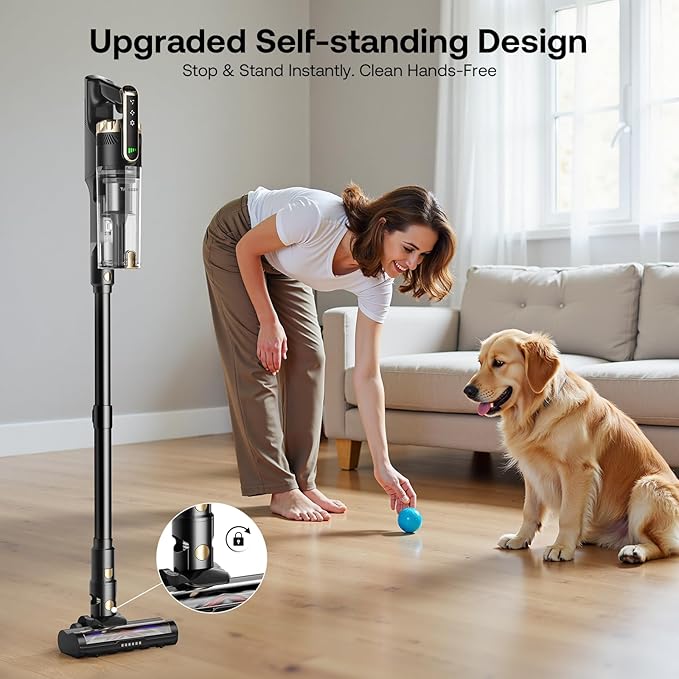 Trucozie Cordless Vacuum Cleaner Self-Standing Lightweight Stick Vacuum with 50 mins Runtime Powerful Suction Anti-Tangle Wireless Vacuum for Home Hardwood Floor Carpet Pet Hair Black