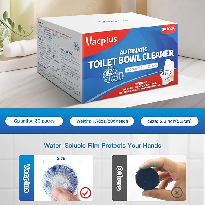 Vacplus Automatic Toilet Bowl Cleaner Tablets Drop-In Tank Cleaner for Bathroom Prevent Stains &amp Deodorize Long-Lasting Cleaning Tabs Easy-Use Freshener for Bowl &amp Tank 30 Pack