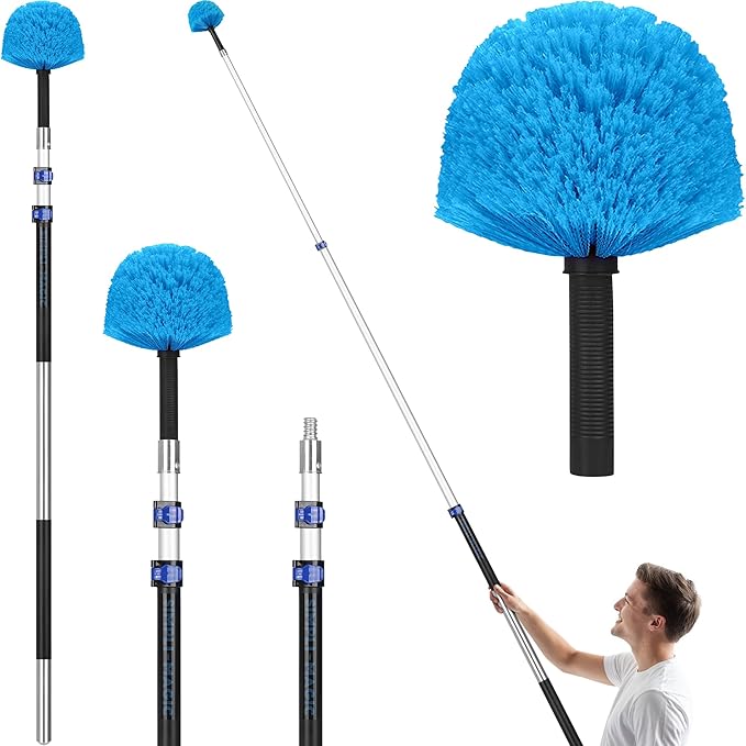 Simpli-Magic 5-to-12 Foot Cobweb Duster with Extension Pole Combo (20 Ft Reach Medium-Stiff Bristles) Spider Web Brush with Pole - Hand-Packaged Lightweight 3-Stage Aluminum Pole