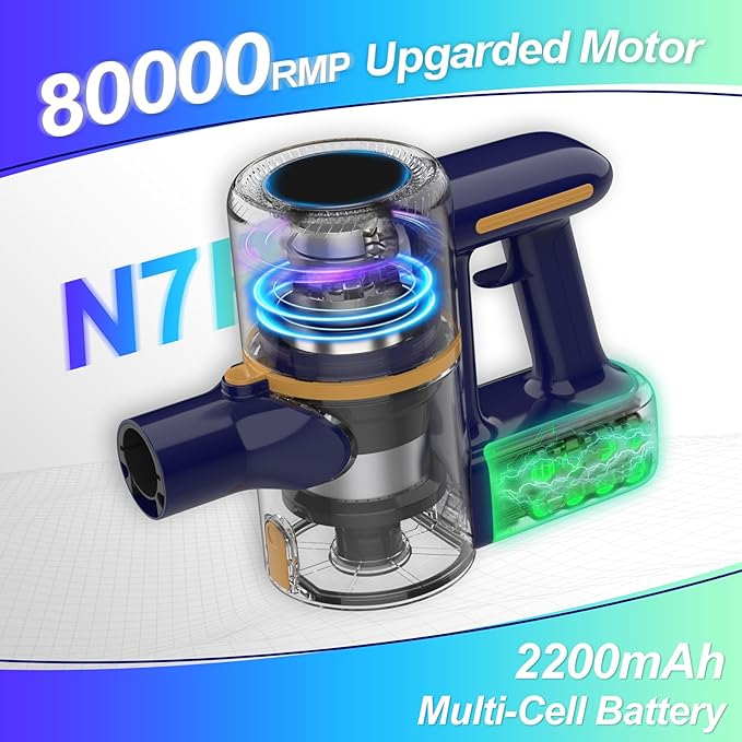 N7P Cordless Vacuum Cleaner 6 in 1 Powerful Stick Vacuum for Home 2200mAh Battery Vacuum Rechargeable Lightweight Vacuum Cleaners for Hardwood Floors Pet Hair (Navy)