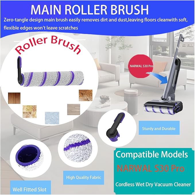 Replacement Accessories Kit for NARWAL S30 Pro / S30 Wet Dry Vacuum Cleaner：4 Pack Parts 2 Main Brush 2 Filters Spare Attachments