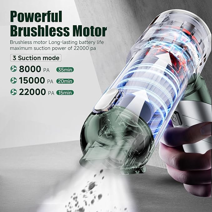 Car Vacuum Portable Cordless 22000PA High Power Handheld Mini Vacuum Cleaner Rechargeable Foldable with Brushless Motor Air Blower Duster Pump for Car Home Office Pet (Grayish Green)