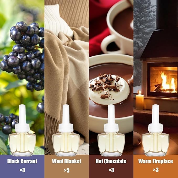 Plug In Refills Air Freshener Black Currant Cashmere Blanket Hot Chocolate Warm Fireplace for Home and Bathroom 7.92 Fl Oz 12 Count Compatible with Air Wick &amp Glade Not Include Glade Plus