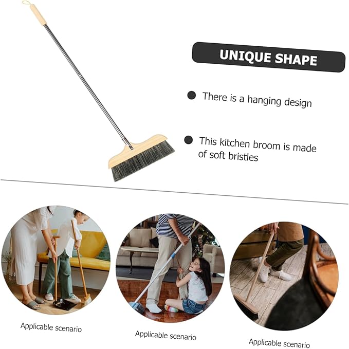 Happyyami Wood Bristle Broom Handle Long Sweep Brush Soft Bristle Household Cleaning Tool Easy Storage