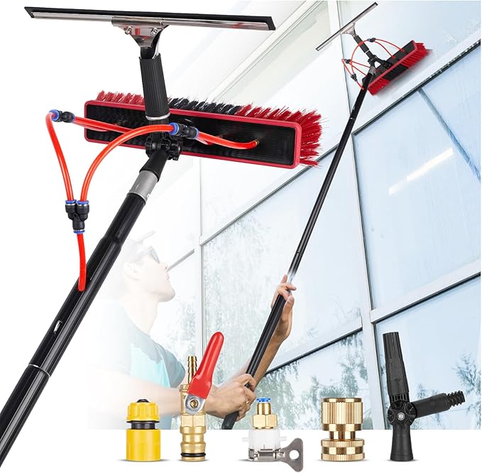 Water Fed Pole Brush Kit with Lightweight Pole Extendable Solar Panel Washing Tool with 180° Rotating Brushhead for Roof Window