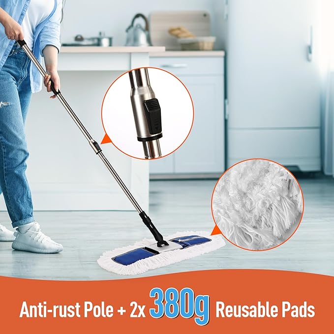 24 Heavy-Duty Commercial Dust Mop for Hardwood Floors &amp Large Areas - with 2 Microfiber Pads Reinforced Telescoping Handle for Stable Cleaning in Homes Garages &amp Commercial Spaces