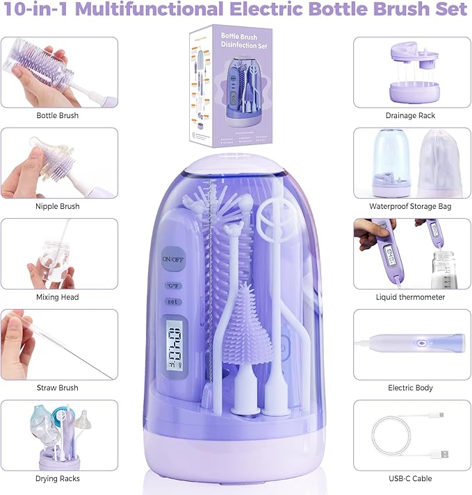 Electric Bottle Brush CleanerRechargable Electric Baby Bottle Brush Cleaner with ThermometerSilicone Bottle/Nipple/Straw BrushDrying RackTravel Bottle Cleaner Kit for New Moms (Violet)