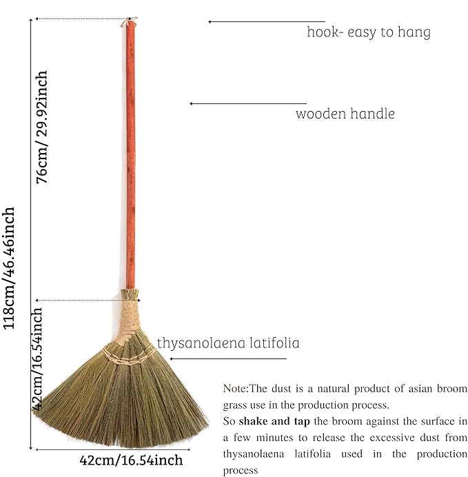 Vietnamese Natural Straw Broom – Handmade Soft Grass Broom for Indoor &amp Outdoor – Red Long Wooden Handle Broomstick for House Kitchen Garage – Wedding Jumping Broom with 46.46'' Length
