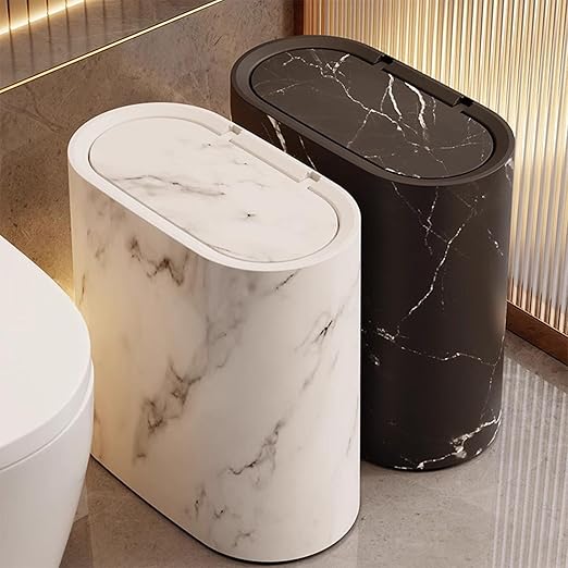 Bathroom Garbage Can with Lid Plastic Marble Wood Pattern Trash Can Modern Waste Basket for Home Indoor Hote Small Garbage Bin Narrow Kitchen Trash Can Durable &amp Space-Efficient (Black)