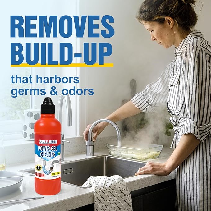 Bell Bird Drain Clog Remover &amp Pipe Cleaner - Thick Power Gel Dissolves Hair Grease and Soap Scum - Septic Safe Odor Eliminator for Kitchen Sinks Tubs Showers &amp Toilets (Pack of 2)