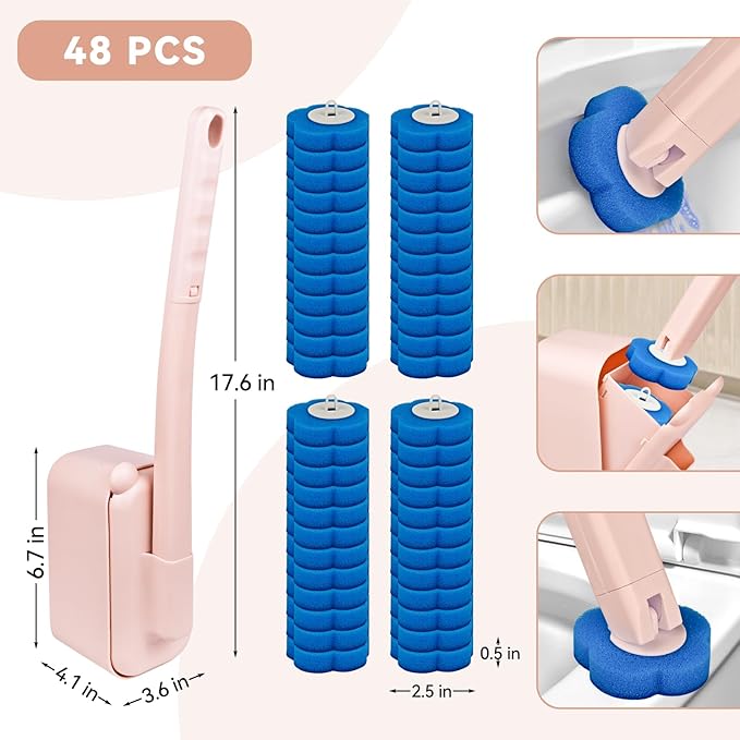 Disposable Toilet Brush Toilet Bowl CleanerToilet Cleaning SuppliesToilet Bowl BrushToilet Cleaner BrushToilet Brush with Holder48 Refills for Cleaning and Hygienic Bathroom Maintenance (Pink)