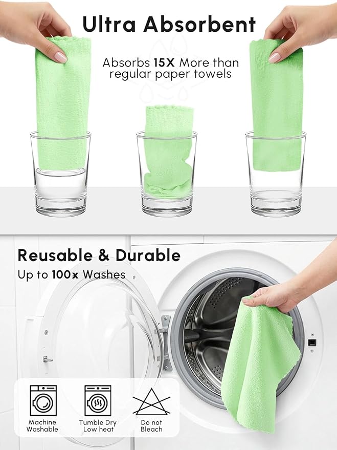 Microfiber Cleaning Cloths Roll 75 Pack Tear Away Microfiber Towels Roll 12 x 12 Lint Free Rags Reusable Cleaning Cloths Washable Scratch FreeUltra Absorbent Dish Rags(Green)