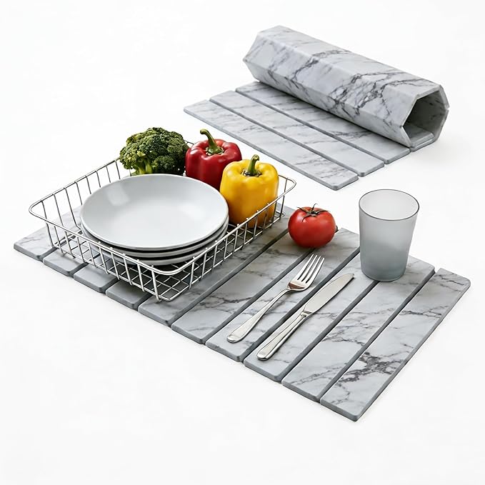 Dish Drying Mats Large 24x16 Inch Diatomaceous Earth Drying Mat / Fast-AbsorbingNon-Slip Stone Drying Mat For Kitchen Counter / Eco-Friendly for Dishes (Gray Marble)
