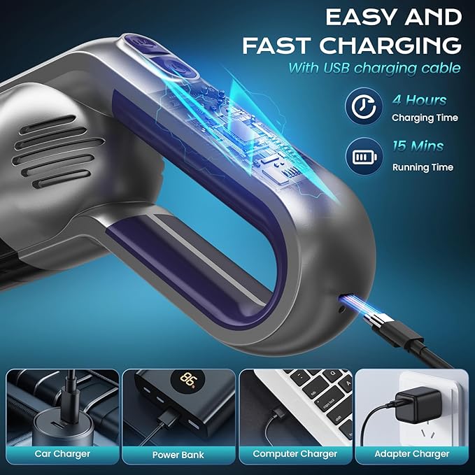 Cordless Handheld Vacuum Portable Car Vacuum with LED LightRechargeable Small Vacuum Cleaner with Powerful SuctionLightweight Vacuum Cleaner for Car Home Office Pet HairGrey