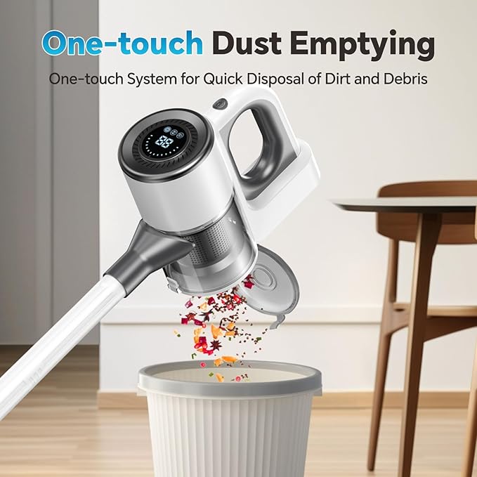 Cordless Vacuum Cleaner for Home Powerful Stick Vacuum Cleaner with LED Screen and 3-Speed Suction Rechargeable Vacuum Cordless Lightweight Handheld Vacuum for Hard Floors Carpets Pet Hair White