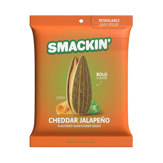 SMACKIN' - Jumbo Roasted Sunflower Seeds No Salty Burn American Made Easy Pour &amp Seal - Cheddar Jalapeño 4oz bag (12 Bags)