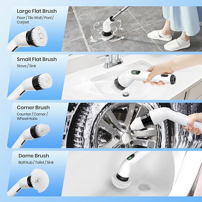 Electric Spin Scrubber Full-Body IPX7 Waterproof Cordless Shower Scrubber with 4 Replaceable Heads Upgraded Extension Handle 2H Work Time 2 Speeds for Bathroom Shower Tile Glass
