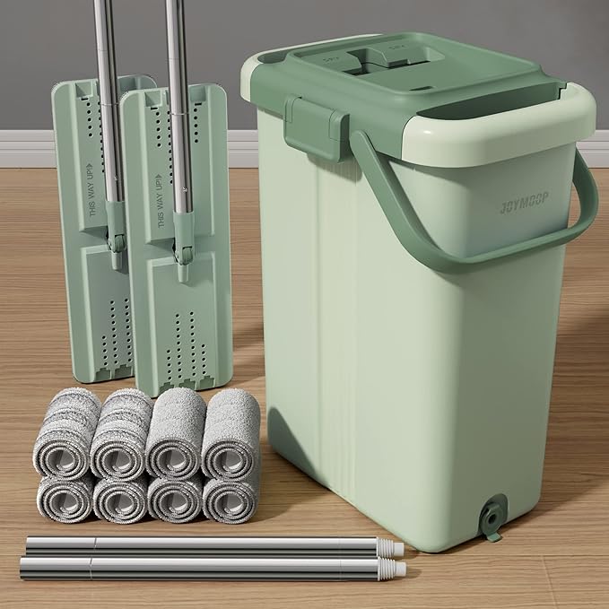 JOYMOOP Mop and Bucket with Wringer Set for Floor Cleaning and Wall Cleaner Flat Mop and Bucket System Set with 2 Mops and 8 Large Microfiber Pads - Green