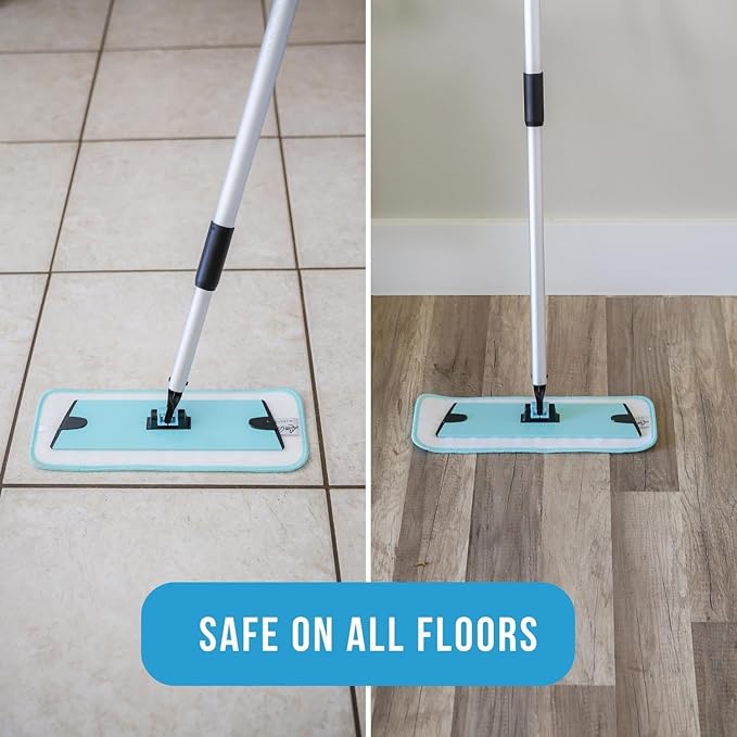Don Aslett's 12 Mop with 2 Reusable Microfiber Pads (Aqua) Bathroom or Kitchen | 360° Rotating Head | Machine Washable | Extending Pole