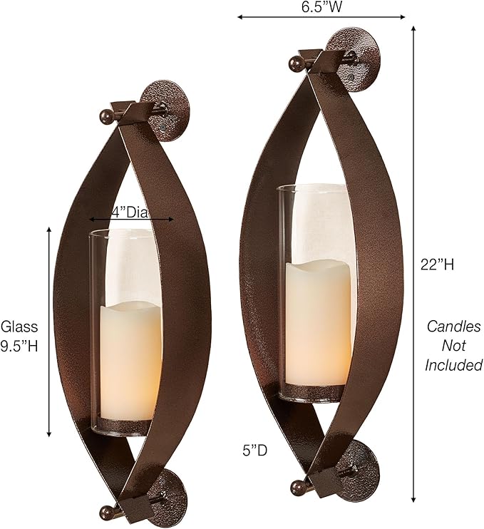 Touch of Class Xander Wall Sconce Pair - Handcrafted Steel - Antique Copper - Glass Hurricane - Set of 2 - Metal Sconces Holder for Bedroom Bathroom Living Room Kitchen Walls Hallway
