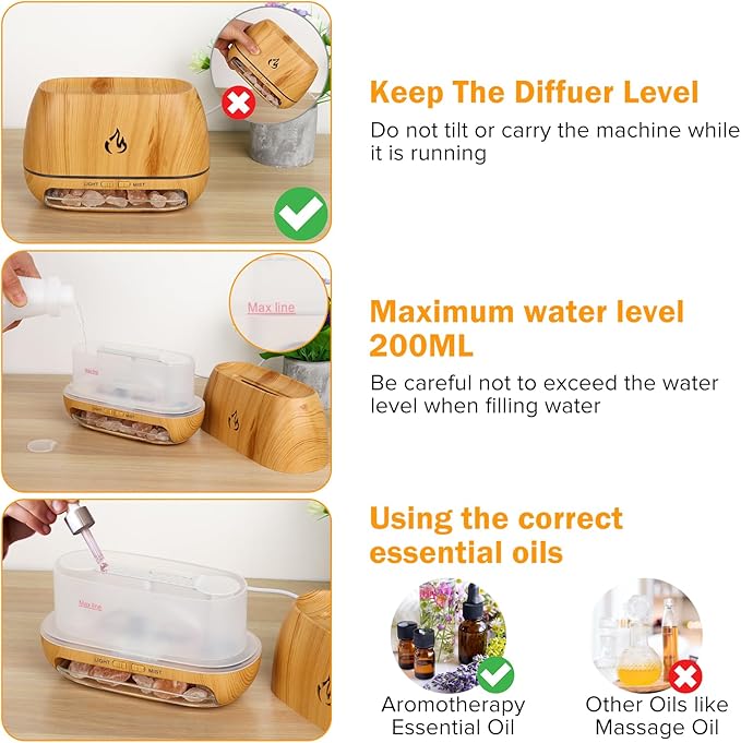 3-in-1 Ultrasonic Essential Oil Diffuser &amp Himalayan Salt Lamp Diffuser &amp 7 Colors Changing Oil Diffuser100% Pure Himalayan Pink Salt Rock Waterless Auto off-200ml (Wooden Grain)