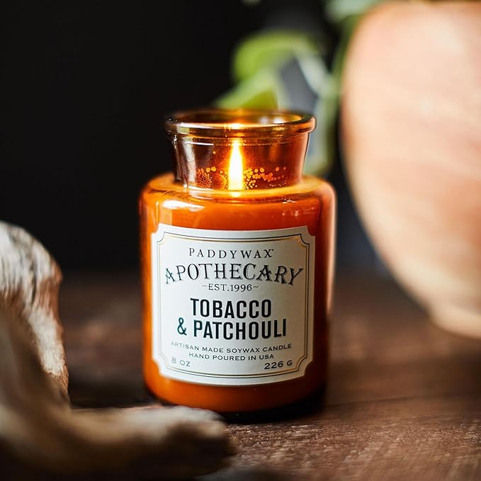 Paddywax Artisan Apothecary Scented Candle with Lid in Reusable Glass Jar Clean-Burn Soy Candle with Approx. 54 Hour Burn Time Tobacco &amp Patchouli 8 oz.
