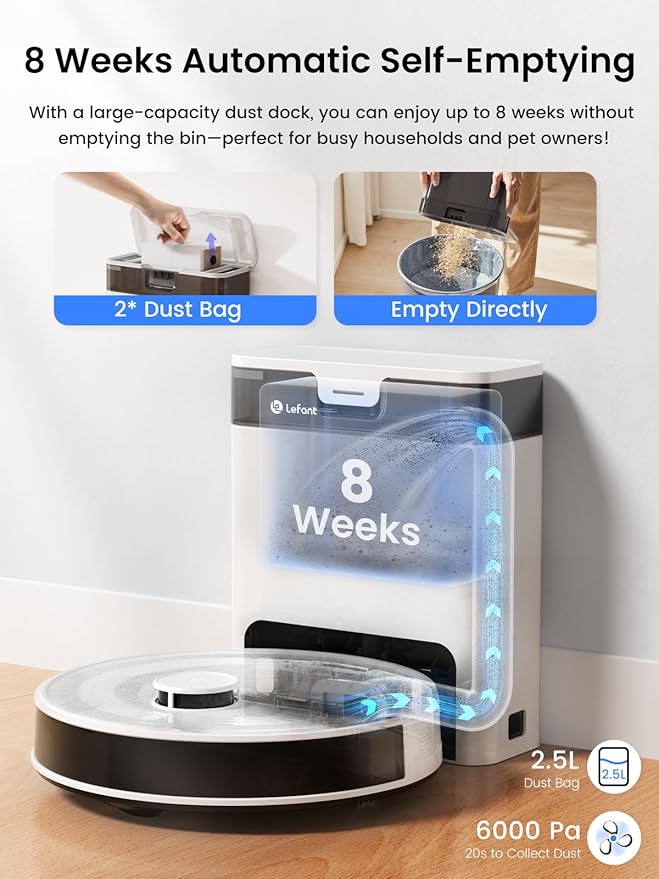 Lefant Robot Vacuum and Mop Combo 8 Weeks Self-Emptying with Dual Dustbin Options 6000Pa LiDAR Robotic Vacuum Cleaner with Precision Mapping 240mins Carpet Detection WiFi/App/Alexa M2S Pro
