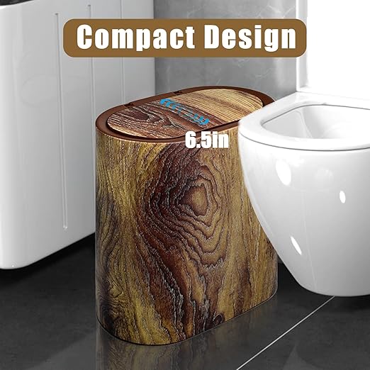 Bathroom Trash Can with Lid 3.7 Gal Plastic Marble Wood Pattern Small Office Trashcan Garbage Can for Bedroom Kitchen Slim Trash Bin Waste Basket Decorative Modern Trashcans