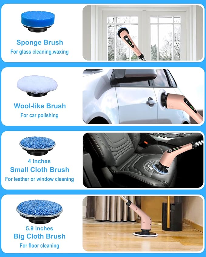 Leebein Electric Spin Scrubber Cordless Powerful Scrub Brush for Cleaning Bathroom Kitchen Shower Tub and Floor Tile with Adjustable Extension Long Handle and 8 Replaceable Brush Heads(Rose)
