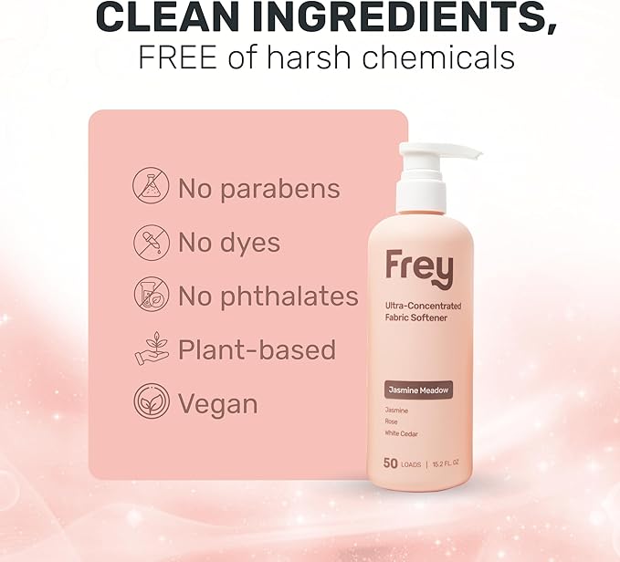 FREY Concentrated Liquid Laundry Detergent | Formulated for Sensitive Skin &amp HE Washers | Removes Stains Effectively | 50 Loads per Bottle (1-pack Jasmine Meadow)