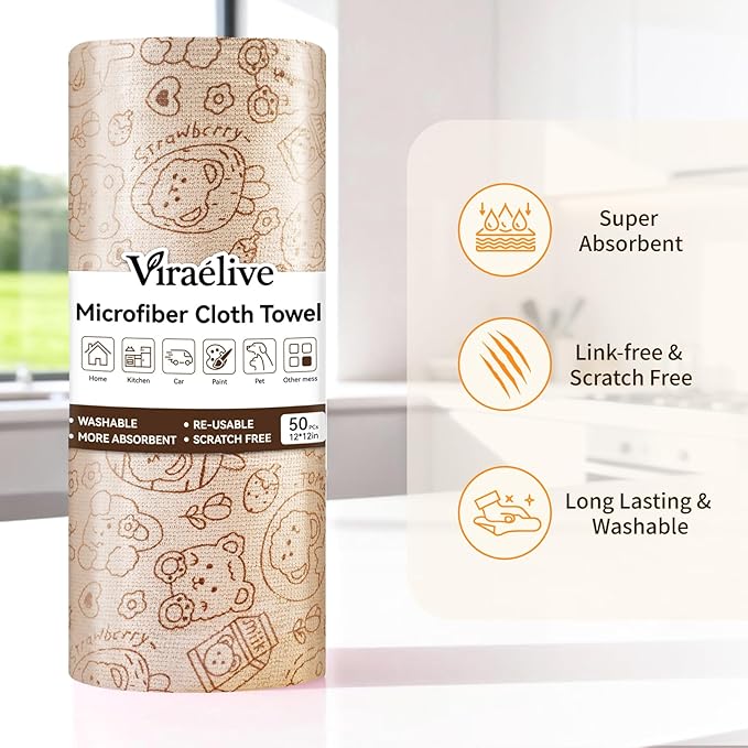 Microfiber Cleaning Cloth Roll 50-Count Reusable Durable Washable Absorbent Towels Lint-Free Non-Scratch Dish Rags for Kitchen &amp Housekeeping Car &amp Screen Brown Cute Bear Print 12x12 in
