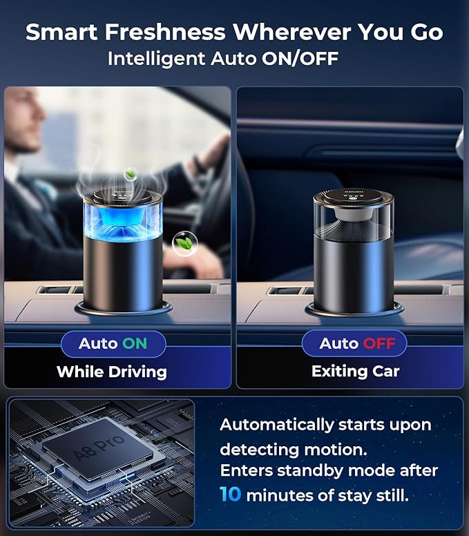 Smart Car Air Fresheners Ambient Light &amp Mist Fragrance Auto On/Off Car Air Freshener Diffuser Adjustable Intensity Lasts 6 Months Built-in Battery Premium Scents Refill X2 - Mystic Ice