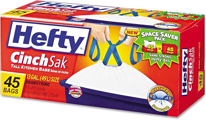 Hefty Tall Kitchen Drawstrings Bags Odor Block Scent Free 13 Gallon 45 Ea (Pack of 6)