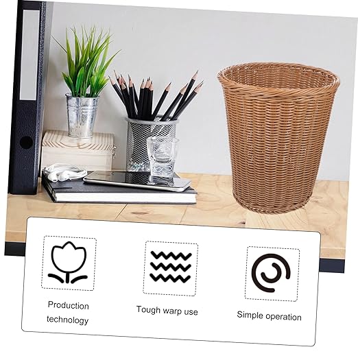Luxshiny Imitated Rattan Woven Trash Basket Iron Trash Can Wicker Waste Basket Lid