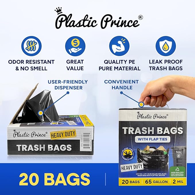 55-65 Gallon Trash Bags with Flap Ties 2 Mil Heavy Duty Fits Rubbermaid Brute Rollout 32-55 Gal Trash Cans 43 x 49 Large Durable Garbage Trash Can Liners Black 40 of Pack
